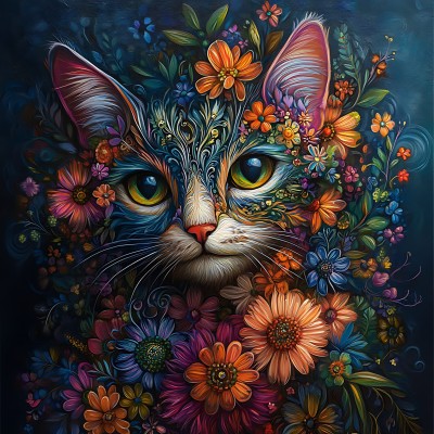 L1802 Panel poduszkowy KOT w kwiatach 6 49x49 welur tapicerski